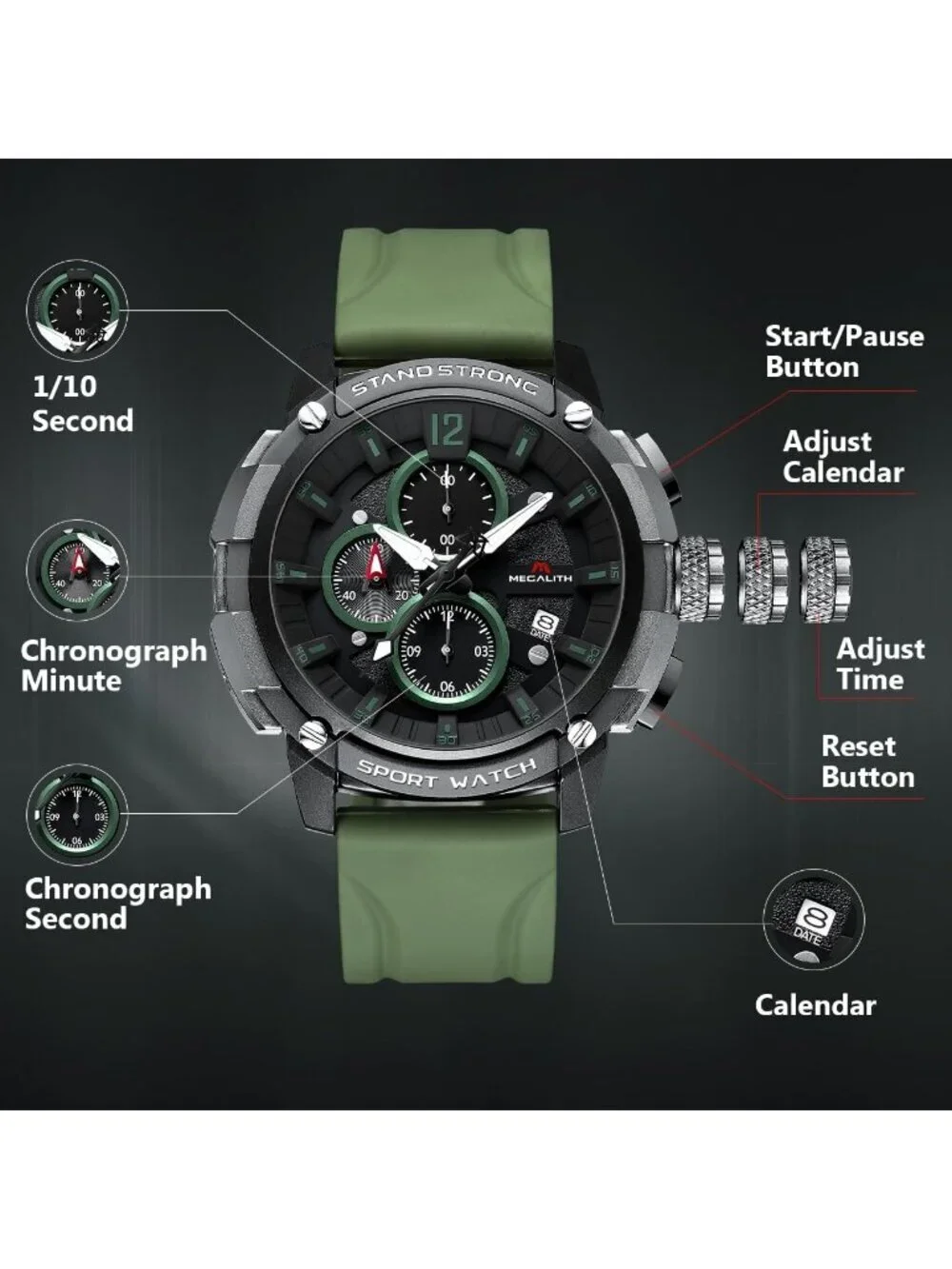 Men's Green Analog Quartz Heavy Duty Waterproof Chronograph Luminous Wrist Watch